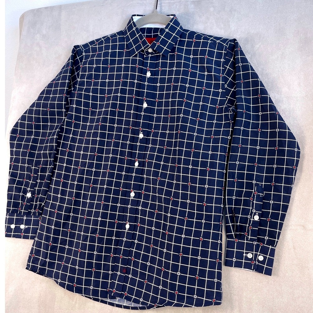 Elie Balleh Milano Italy Navy Blue Grid Floral Button Down Shirt Size 16 Youth - Picture 2 of 8